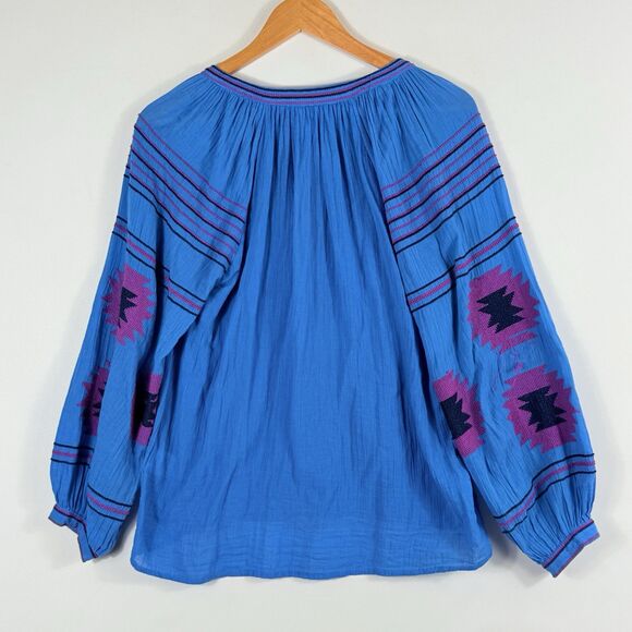 Maeve Bright Blue Native Cross Stitch Boho Peasant Western Shirt Top‎ Womens XS - Picture 5 of 8